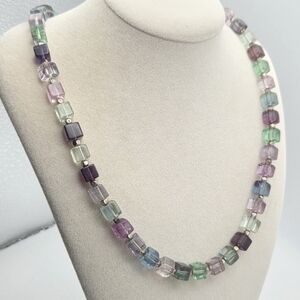Rainbow Fluorite Cube Bead Necklace Natural Semi-Precious Gemstone Choker